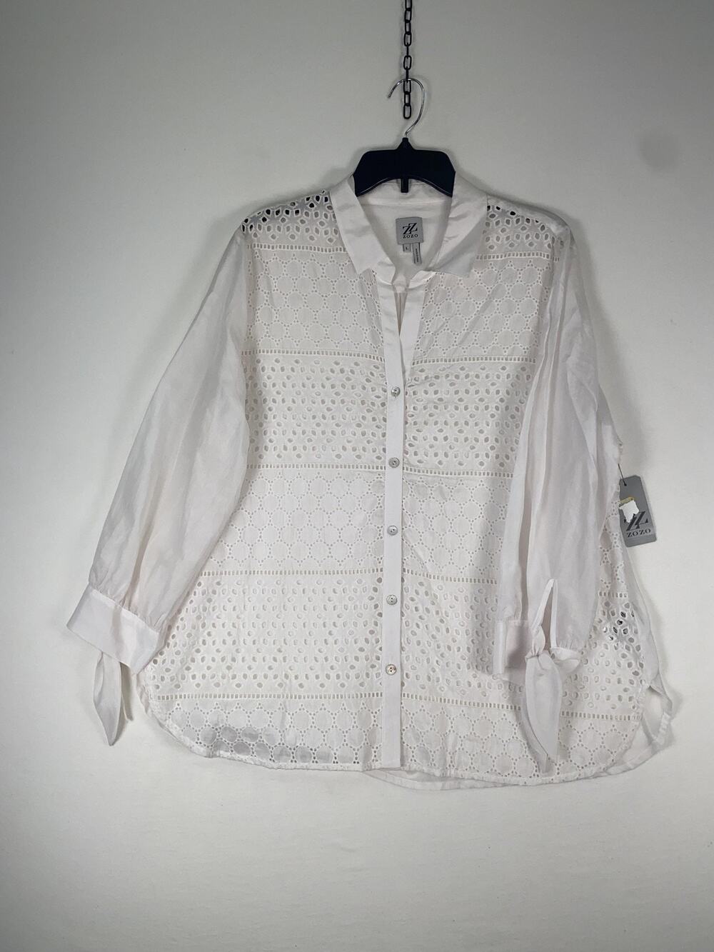 ZOZO Blouse Womens Large White Eyelet Lace Button Front Collared Tunic Top